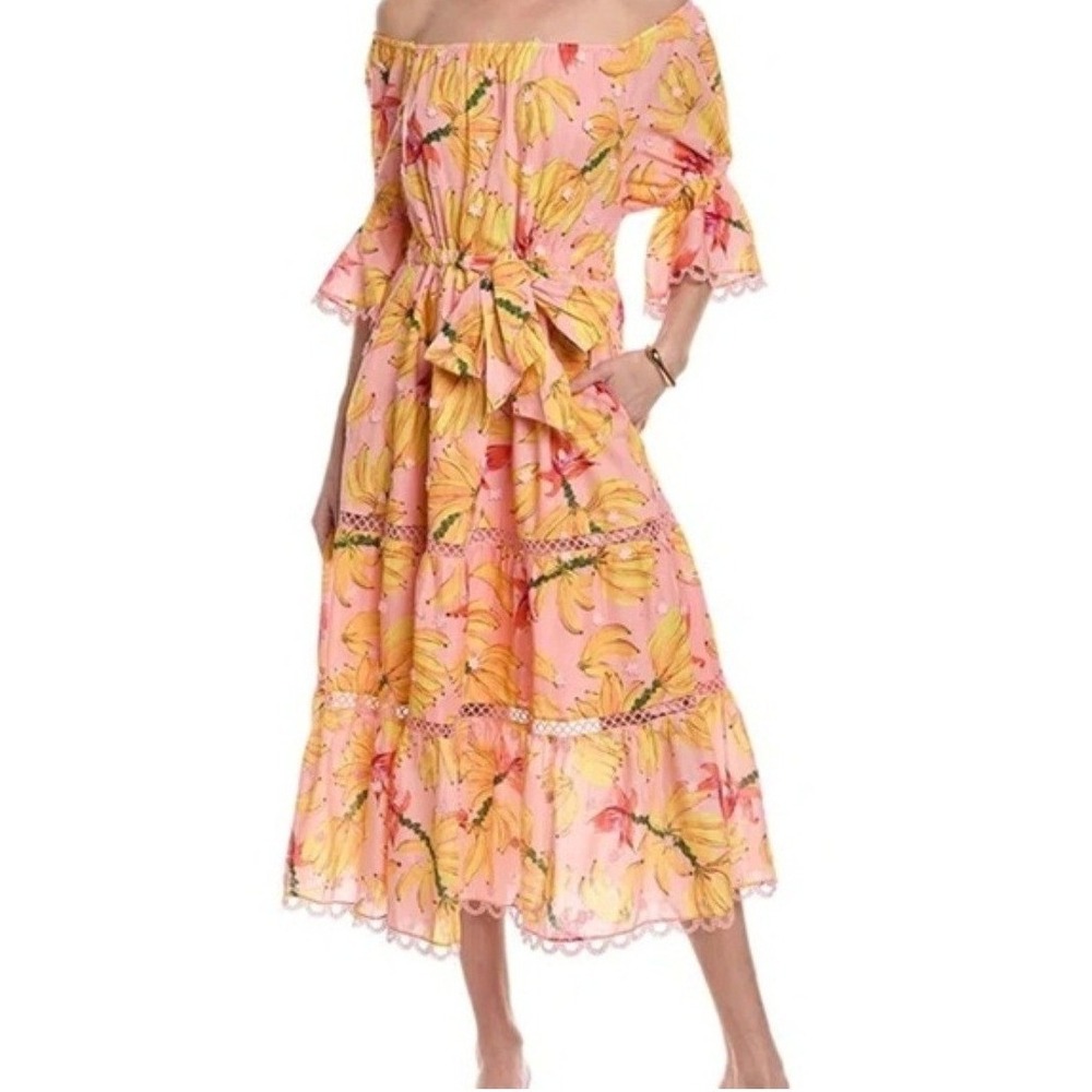 Farm Rio Pink Banana Bunch Off Shoulder Tiered Midi Dress XS Pockets 303130